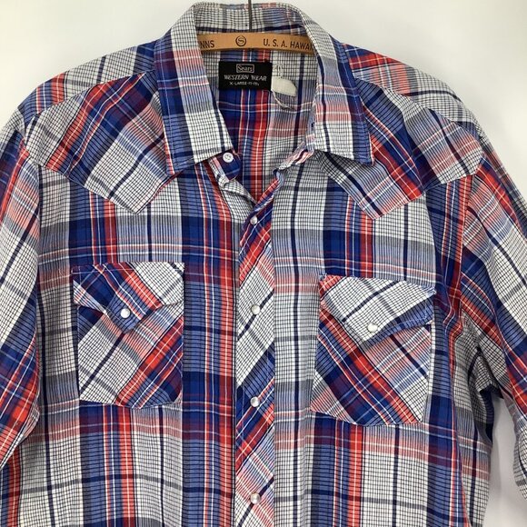 Sears Western Wear XL Pearl Snap Long Sleeve Shirt Red / Blue Plaid Cowboy Style - Picture 4 of 5